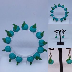 Unique Handmade Teal Pumpkin Beaded Bracelet Set